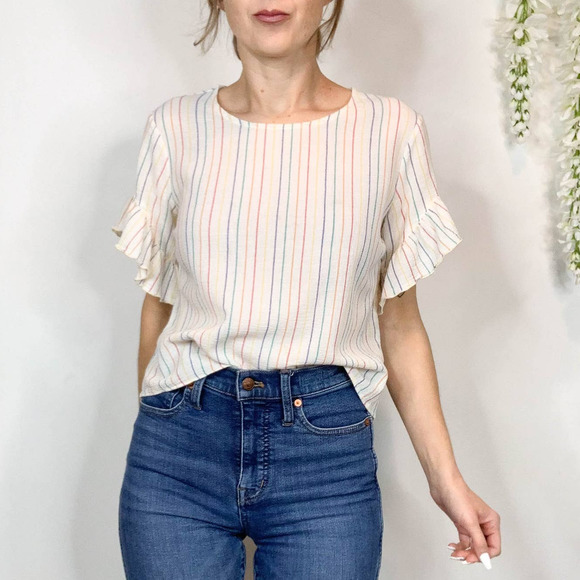 DREW rainbow stripe ruffle sleeve top 100% cotton kidcore rainbowcore - Picture 2 of 11